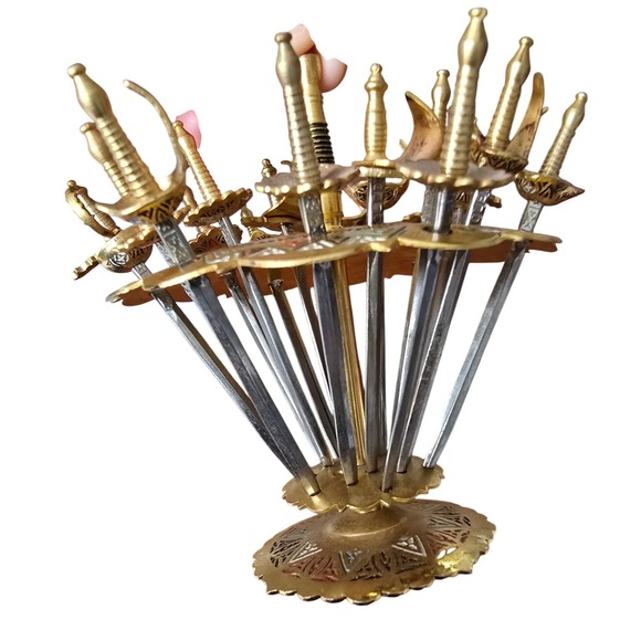 Toledo Spain Other - Vintage Toledo Spain Miniature Sword Cocktail Pick Set with Enameled Brass Stand